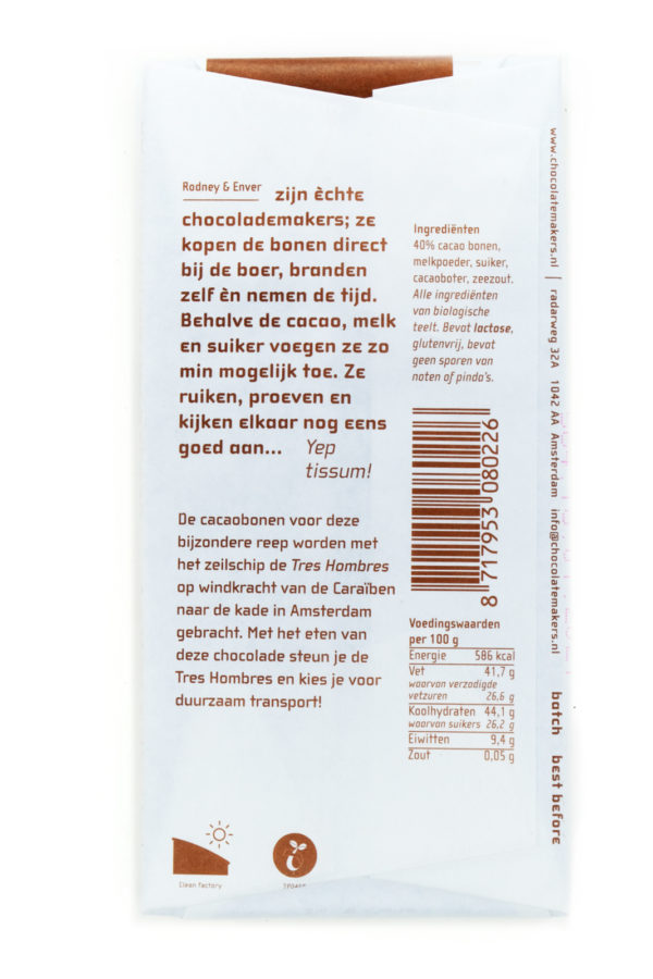 BioTres Hombres 40% Milch mit Meersalz, als 90g Schokoladentafel – Bild 2