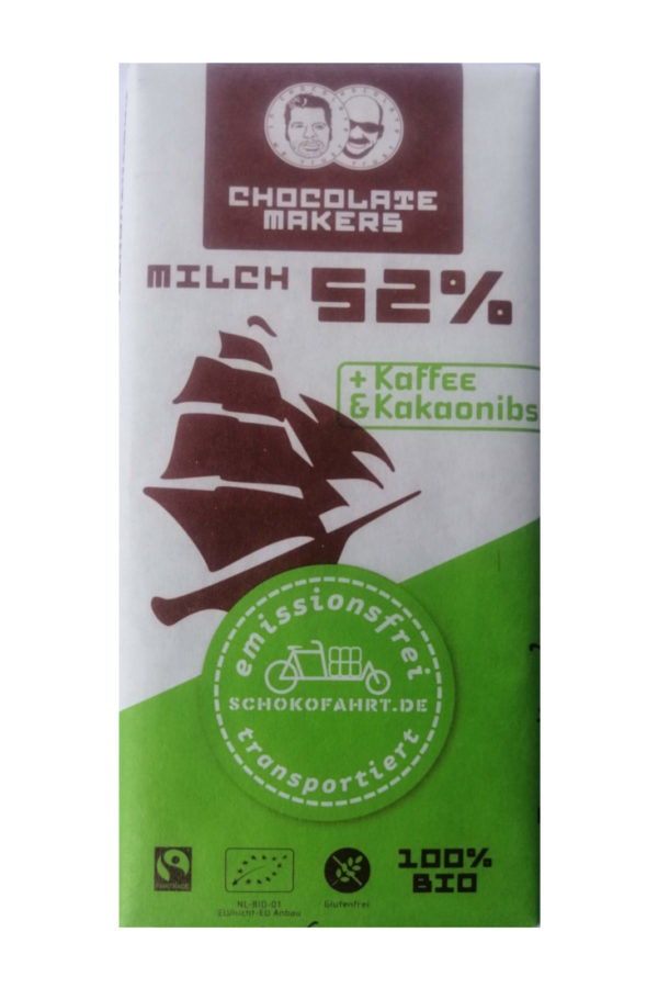 BioTres Hombres 52% Milch mit Kaffee, als 90g Schokoladentafel